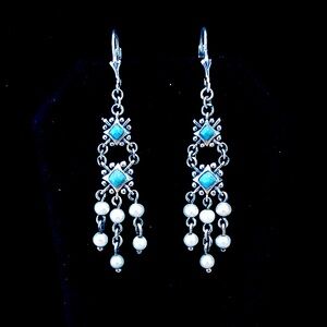 $42  Estate Dangle Turquoise & Pearl Lever Back Earrings  Marked 925 CHINA
